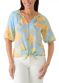 Women's Short Sleeve Button Front Tie Top