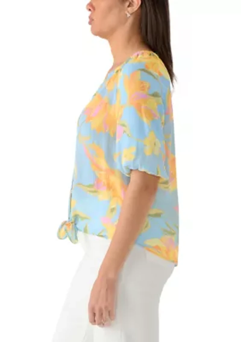 Women's Short Sleeve Button Front Tie Top