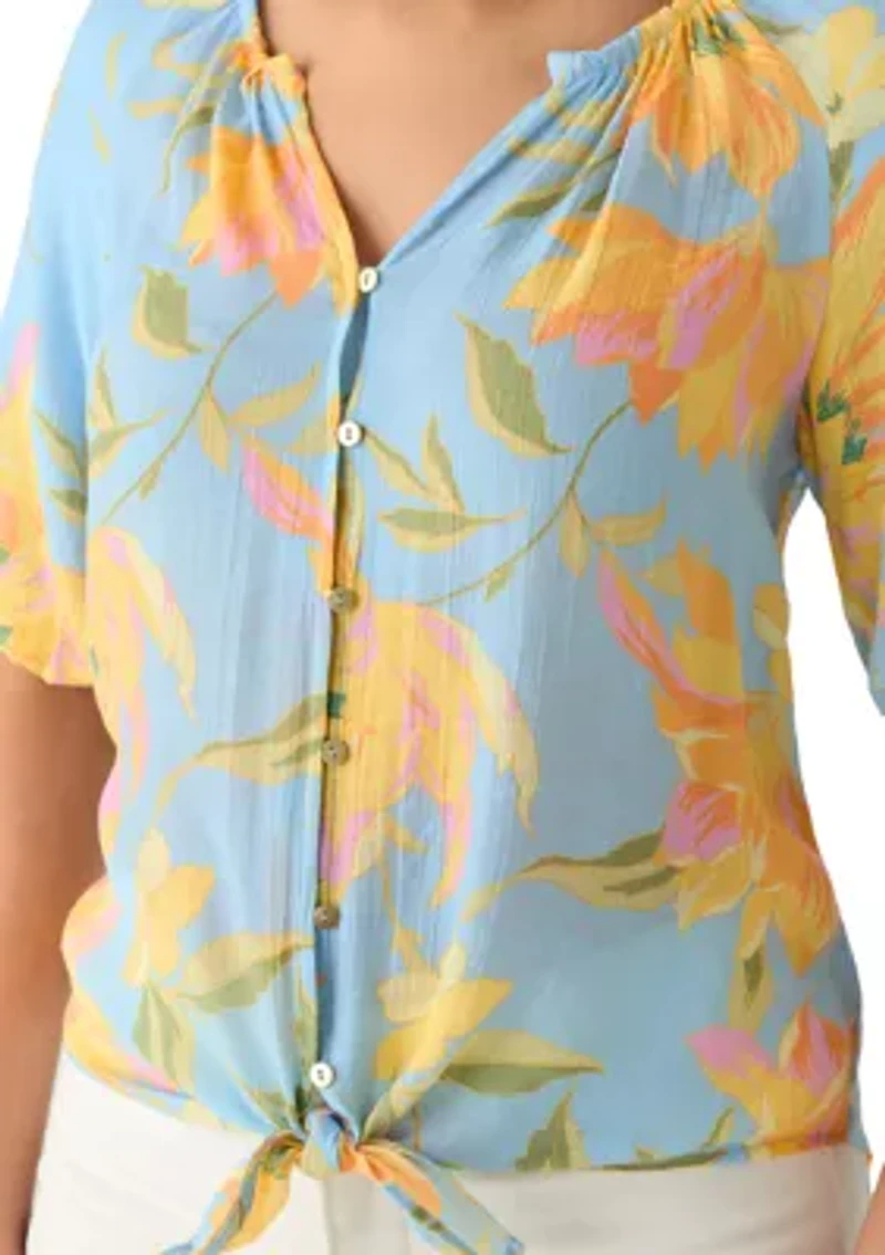 Women's Short Sleeve Button Front Tie Top