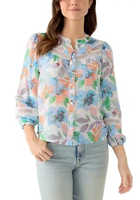 Women's 3/4 Sleeve Button Front Crochet Top