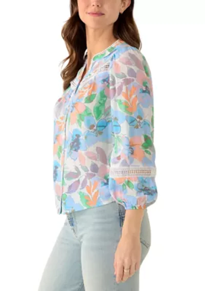 Women's 3/4 Sleeve Button Front Crochet Top