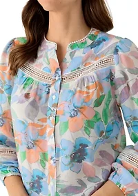 Women's 3/4 Sleeve Button Front Crochet Top