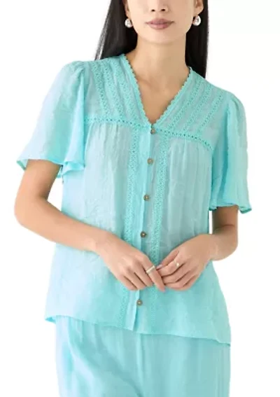 Petite Linen Like Flutter Sleeve Blouse