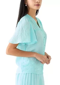 Petite Linen Like Flutter Sleeve Blouse