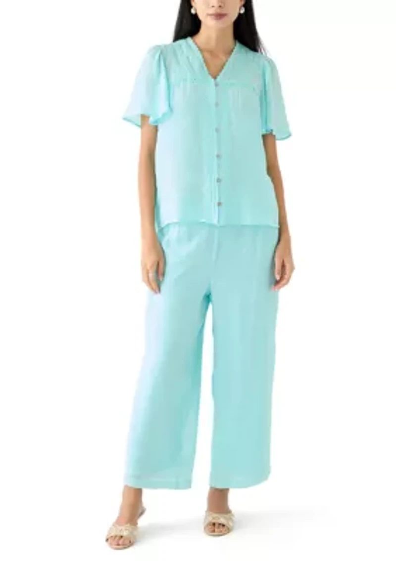 Petite Linen Like Flutter Sleeve Blouse