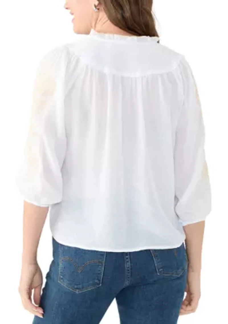 Petite Elbow Sleeve Embroidered Top