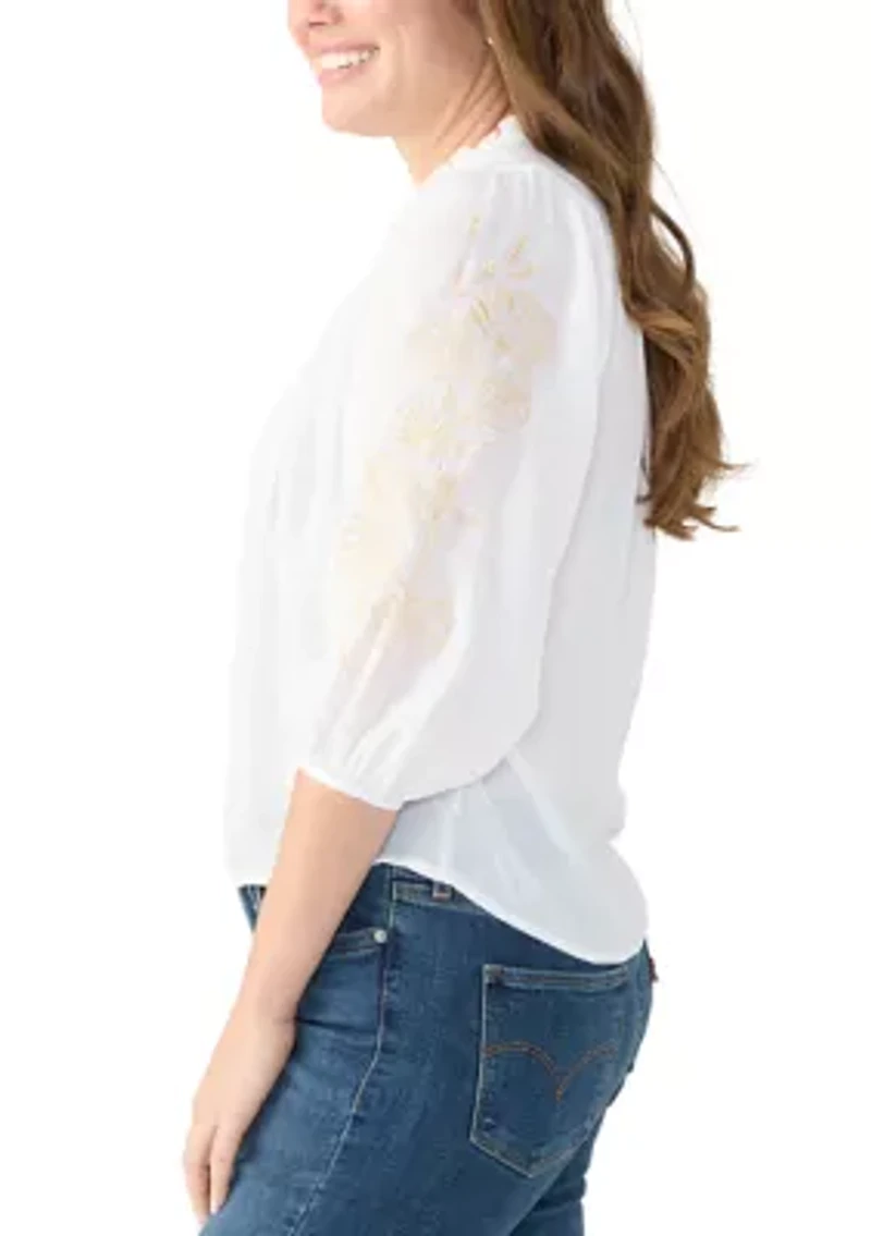 Petite Elbow Sleeve Embroidered Top