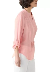 Petite Long Sleeve Pleated Henley Top