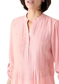 Petite Long Sleeve Pleated Henley Top
