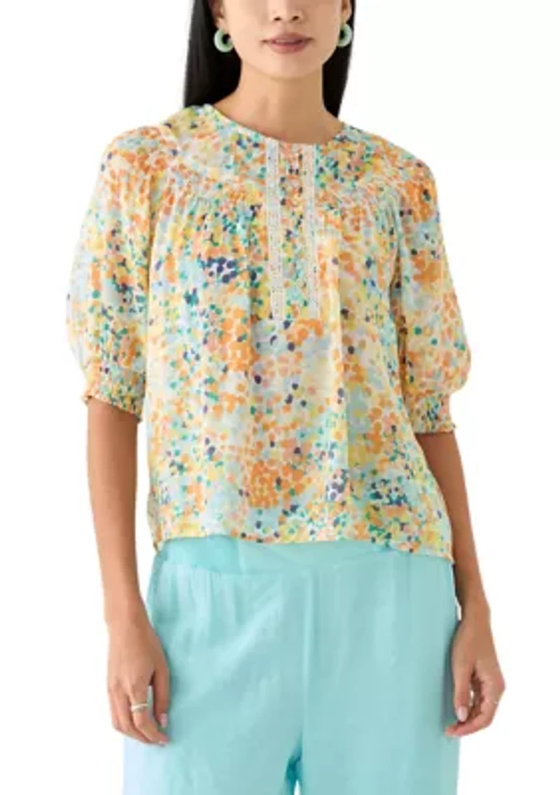 Petite Linen Like Smocked Sleeve Top