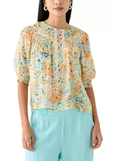 Petite Linen Like Smocked Sleeve Top