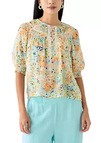 Petite Linen Like Smocked Sleeve Top