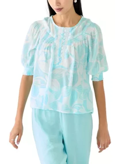 Petite Linen Like Smocked Sleeve Top
