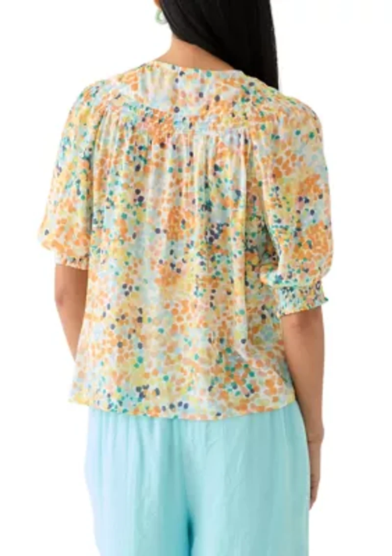 Petite Linen Like Smocked Sleeve Top