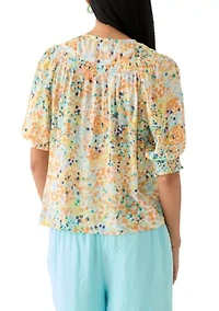 Petite Linen Like Smocked Sleeve Top