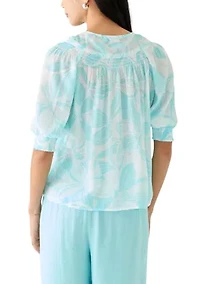 Petite Linen Like Smocked Sleeve Top