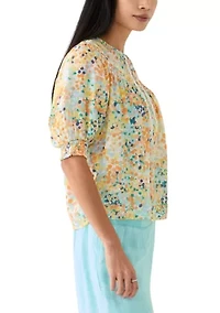 Petite Linen Like Smocked Sleeve Top