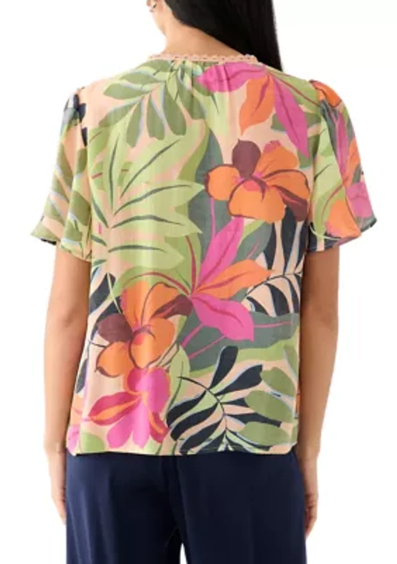 Petite Linen Like Flutter Sleeve Top