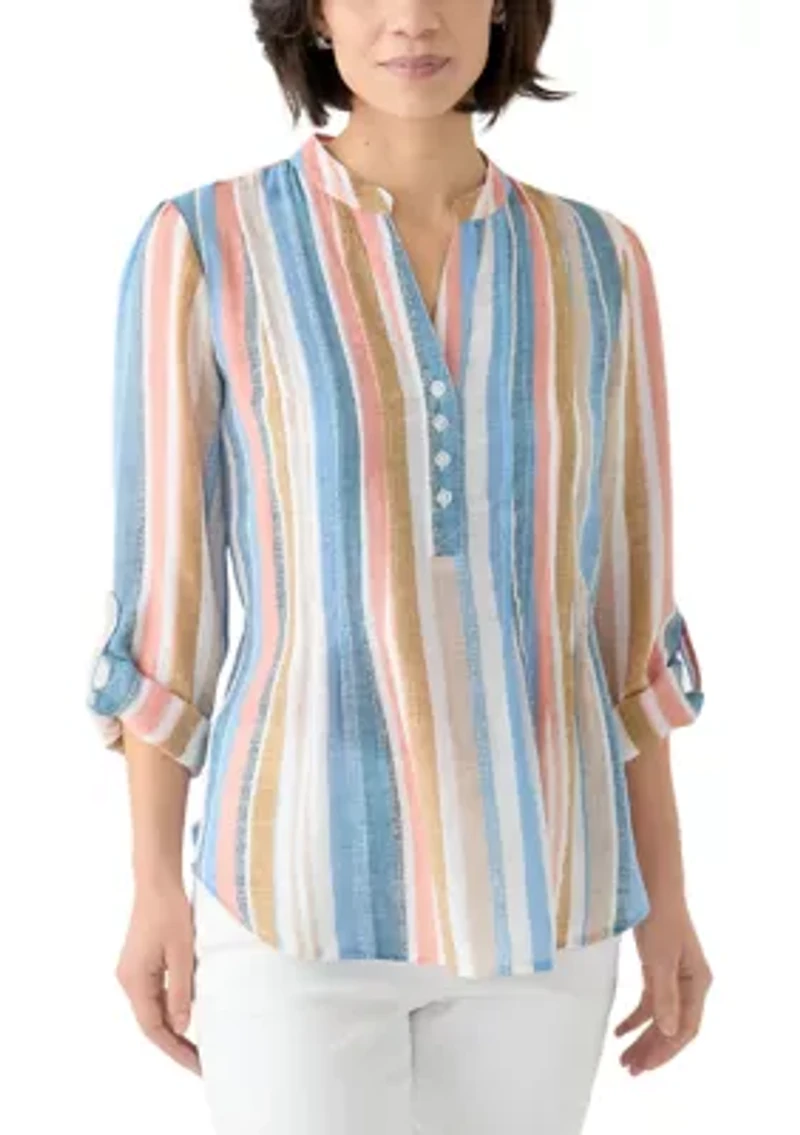 Petite Long Sleeve Pleated Henley Top