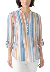 Petite Long Sleeve Pleated Henley Top