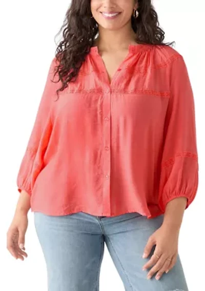 Plus 3/4 Sleeve Slub Blouse