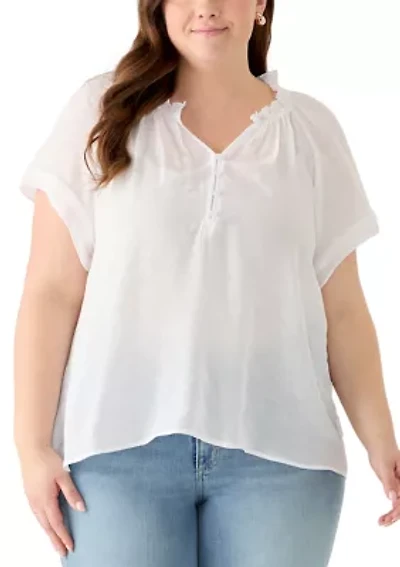 Plus Short Sleeve Slub Front Woven Top