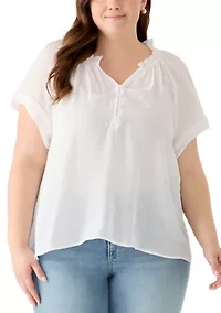 Plus Short Sleeve Slub Front Woven Top