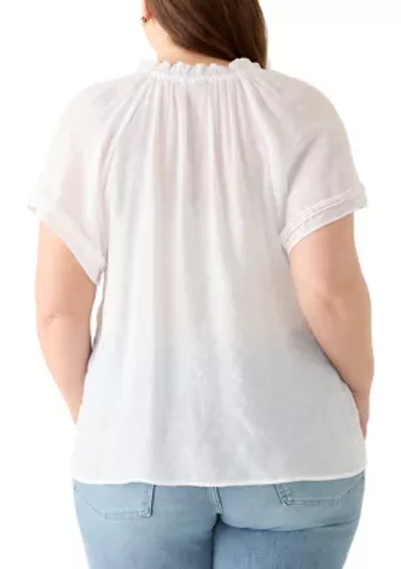 Plus Short Sleeve Slub Front Woven Top