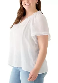 Plus Short Sleeve Slub Front Woven Top