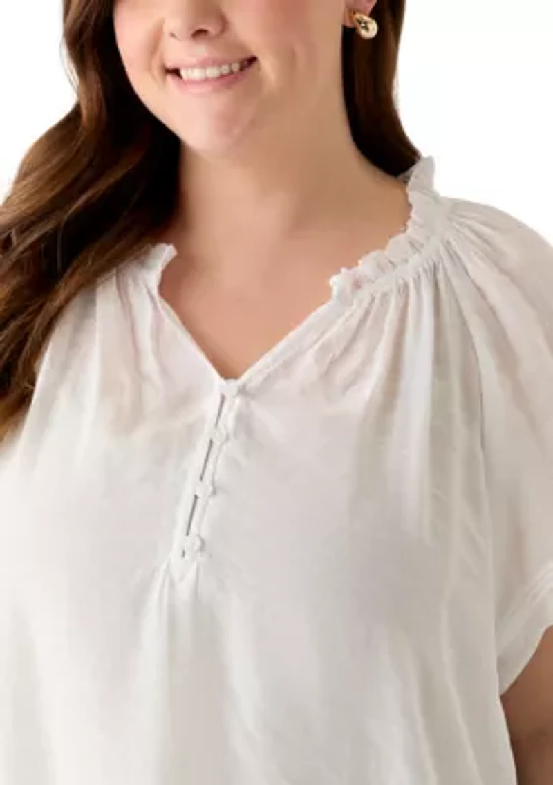 Plus Short Sleeve Slub Front Woven Top