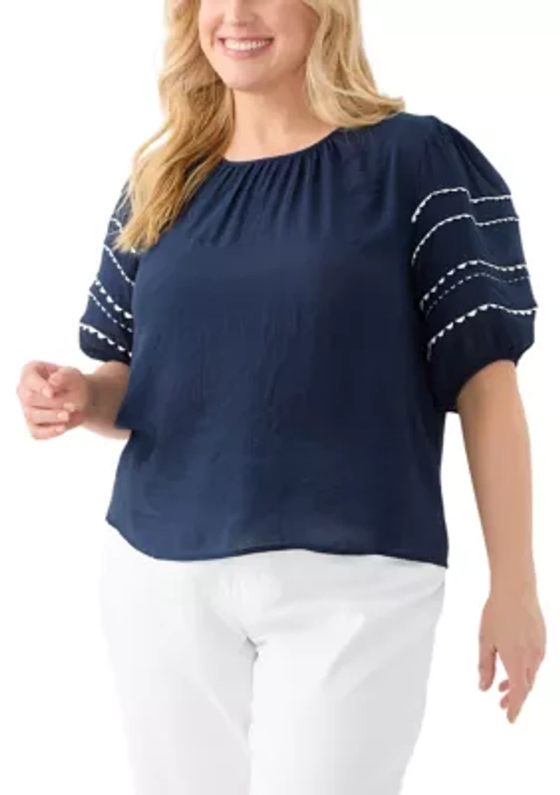 Plus Short Puff Sleeve Slub Woven Blouse