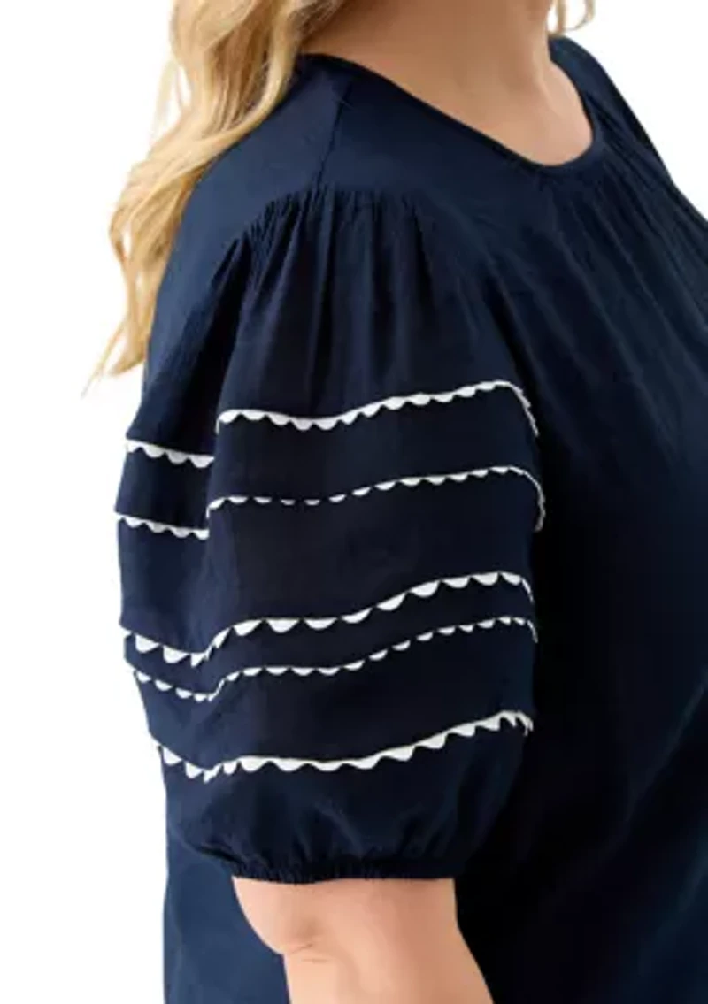 Plus Short Puff Sleeve Slub Woven Blouse