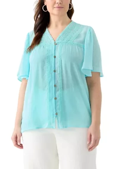 Plus Flutter Sleeve V-Neck Button Down Slub Woven Blouse