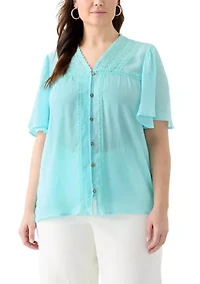 Plus Flutter Sleeve V-Neck Button Down Slub Woven Blouse