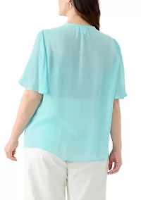 Plus Flutter Sleeve V-Neck Button Down Slub Woven Blouse