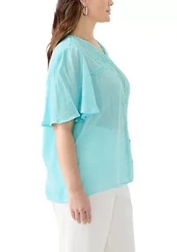 Plus Flutter Sleeve V-Neck Button Down Slub Woven Blouse