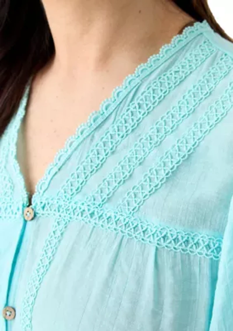 Plus Flutter Sleeve V-Neck Button Down Slub Woven Blouse
