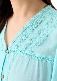 Plus Flutter Sleeve V-Neck Button Down Slub Woven Blouse