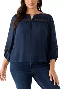 Plus Embroidered Split Neck Slub Top