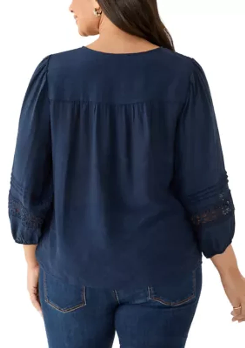 Plus Embroidered Split Neck Slub Top