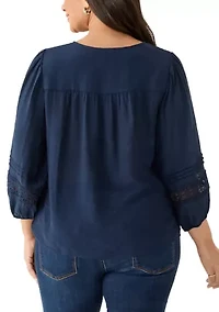 Plus Embroidered Split Neck Slub Top