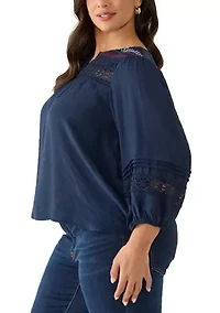 Plus Embroidered Split Neck Slub Top
