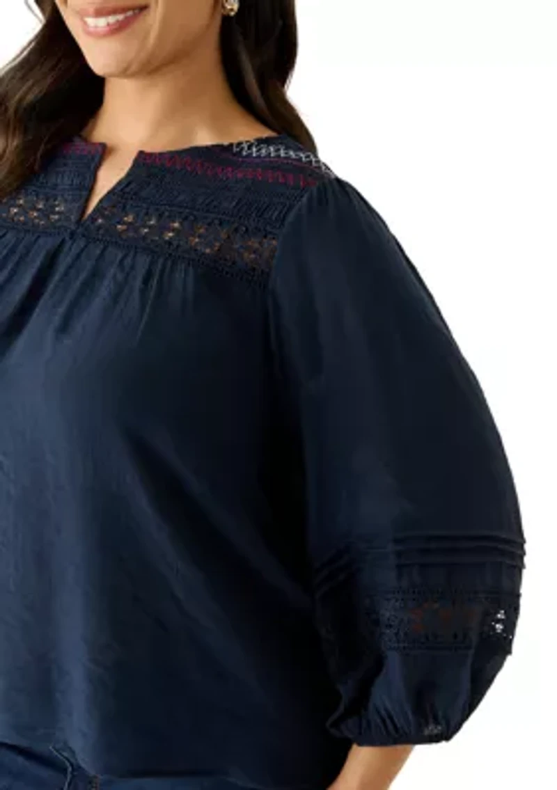 Plus Embroidered Split Neck Slub Top