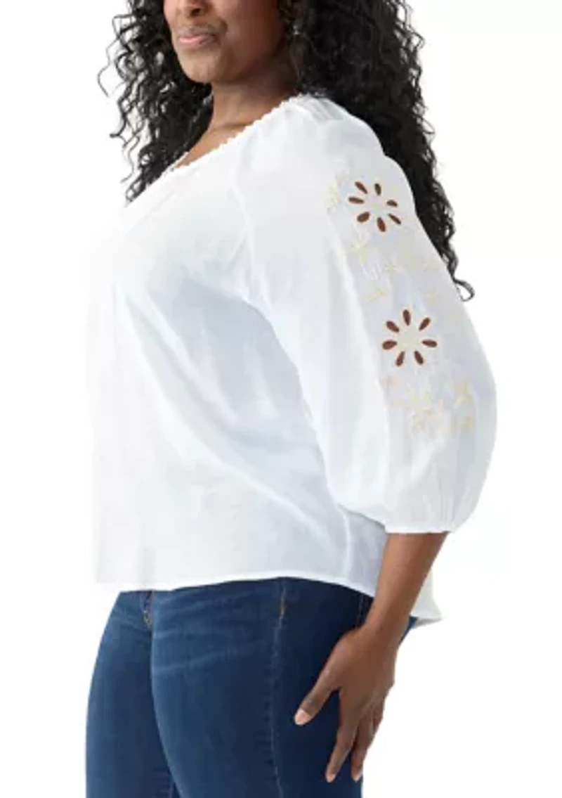 Plus Slub Embroidered Top