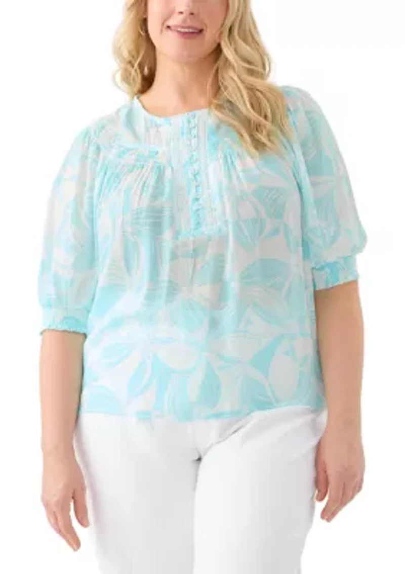 Plus Short Sleeve Button Placket Slub Woven Blouse