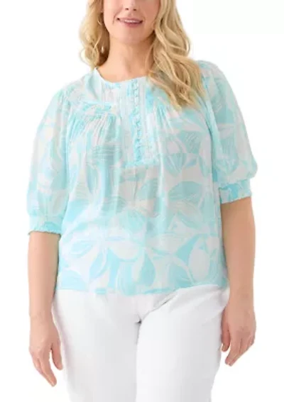 Plus Short Sleeve Button Placket Slub Woven Blouse
