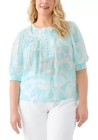 Plus Short Sleeve Button Placket Slub Woven Blouse