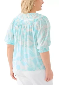 Plus Short Sleeve Button Placket Slub Woven Blouse