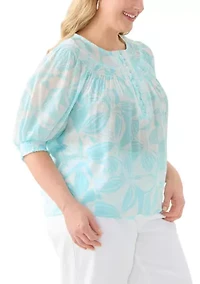 Plus Short Sleeve Button Placket Slub Woven Blouse