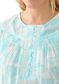 Plus Short Sleeve Button Placket Slub Woven Blouse